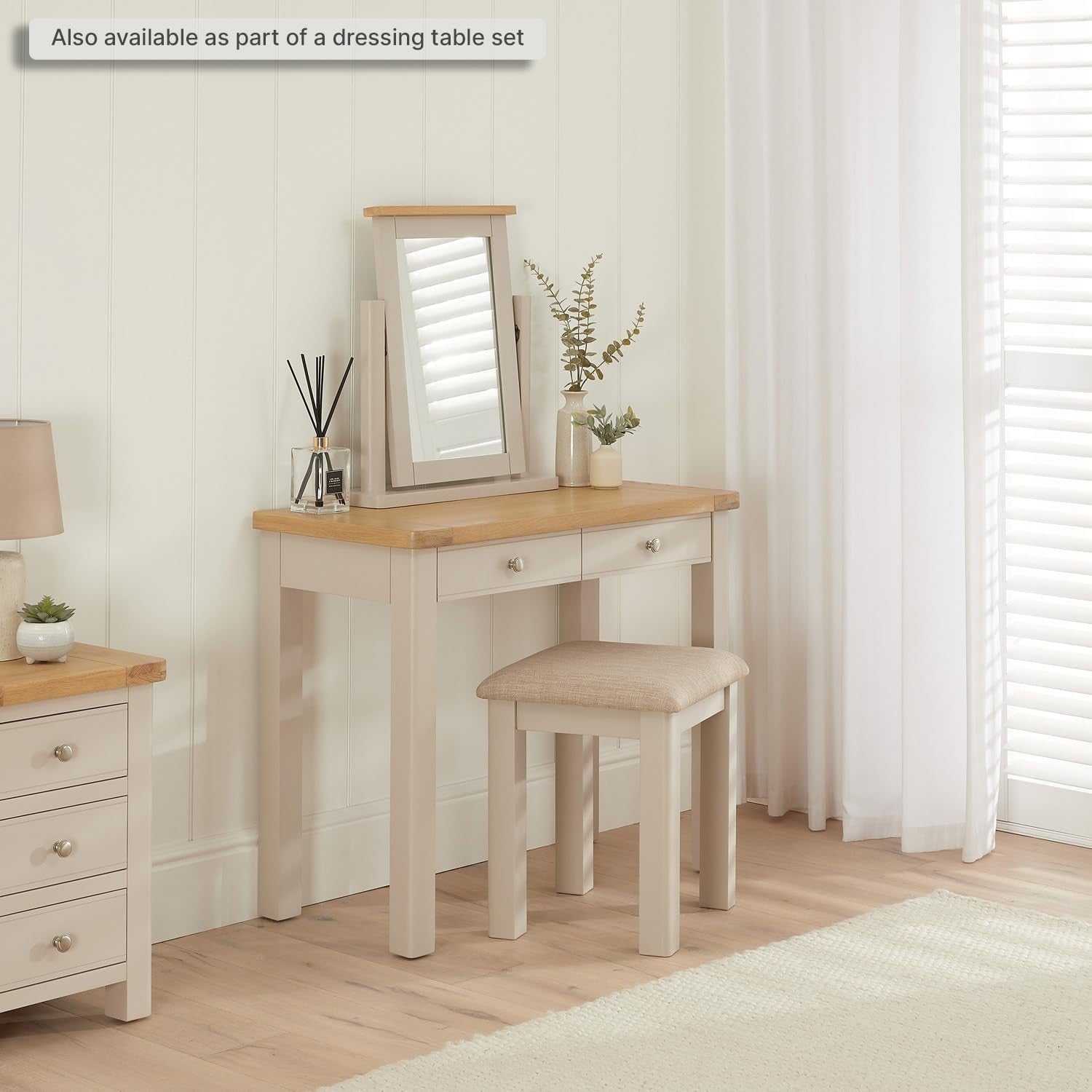 Putty Grey Wood Desk Dressing Table 2 Drawer Home Office Vanity Storage