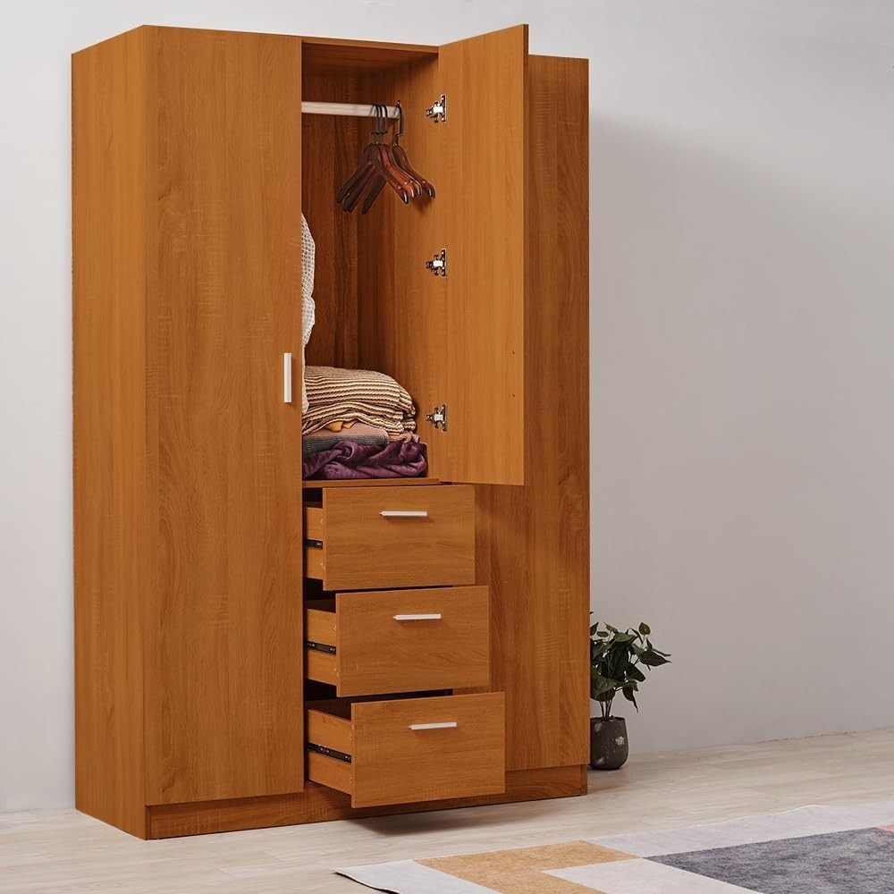 Oak 3 Door Wardrobe with 3 Drawers Solid Pine Wood Bedroom Storage Unit