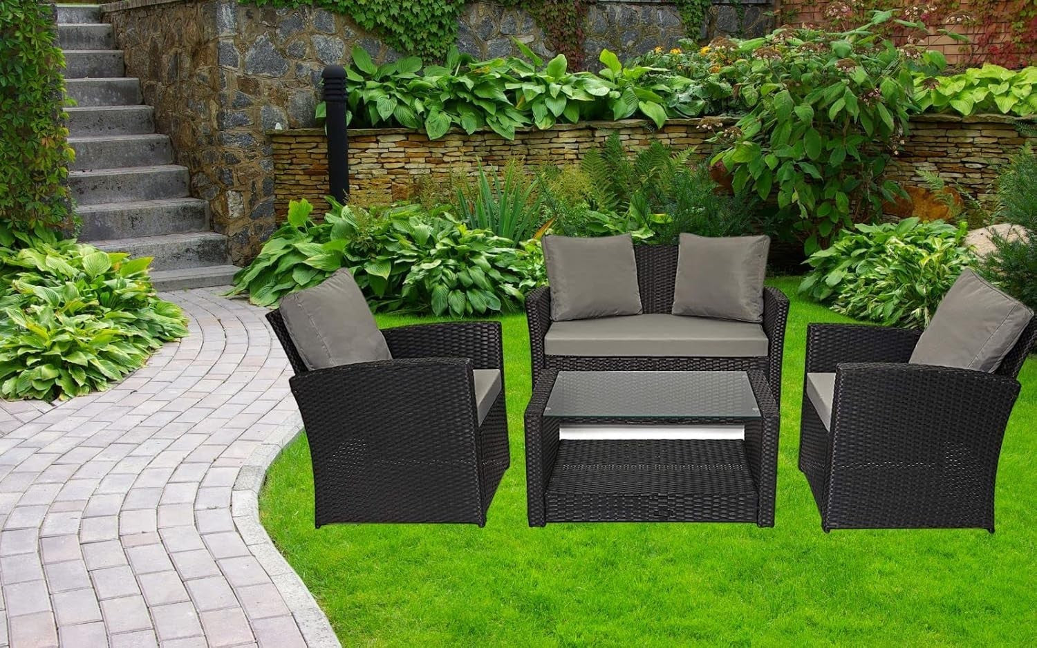 4 Seater Rattan Garden Furniture Set with Cushions & Glass Coffee Table