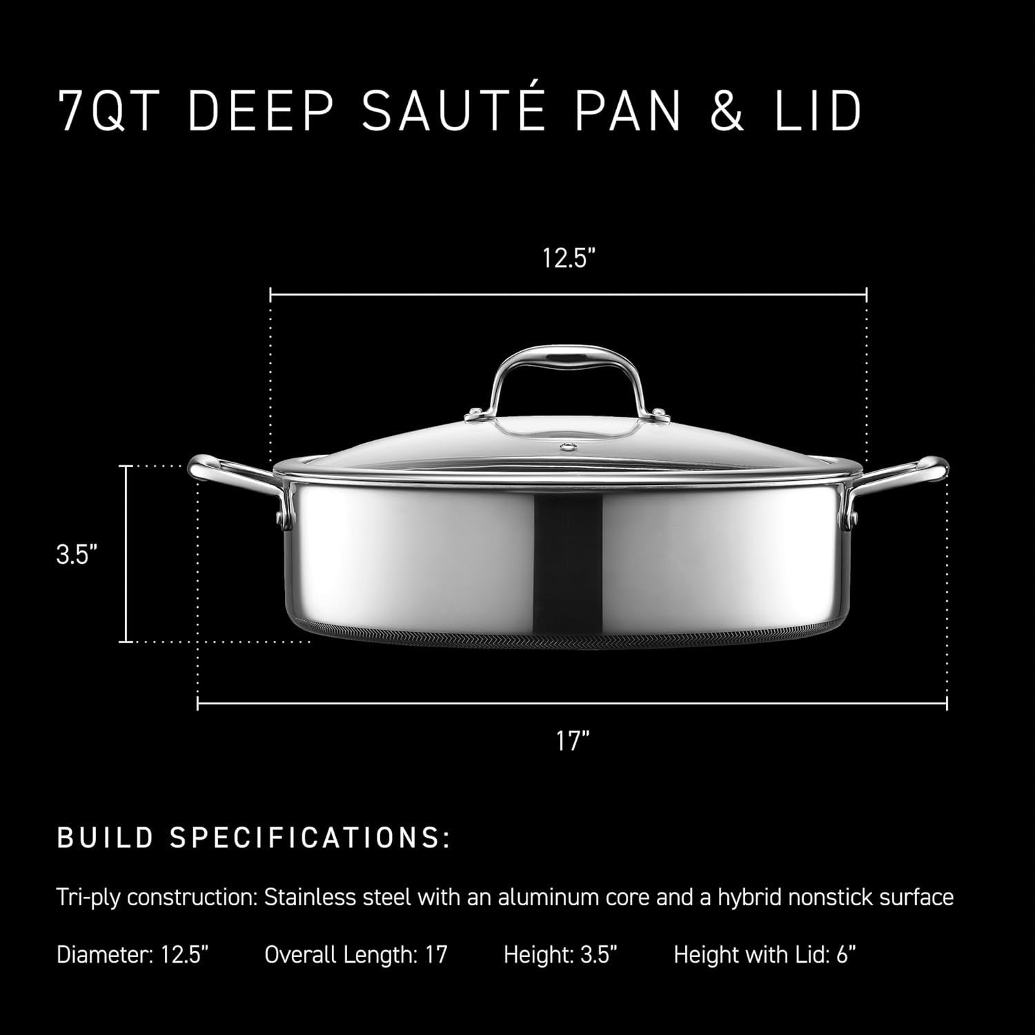 6.6L Deep Non Stick Sauté Pan with Lid – Induction & Oven Safe Stainless Steel