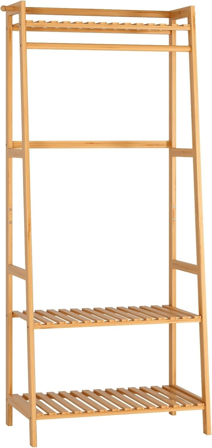 Bamboo Clothes Rack with Shelves & Hooks, Open Wardrobe Storage Stand
