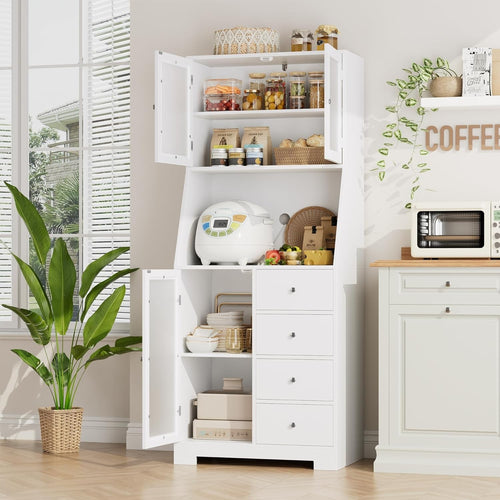 Tall Kitchen Cupboard White 3-Door 4-Drawer Storage Cabinet Modern