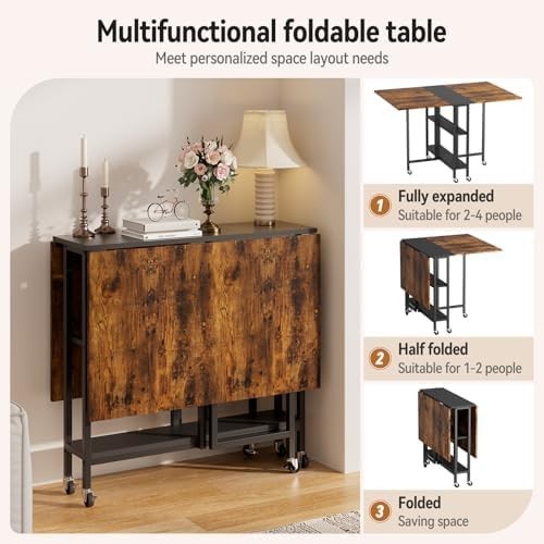 Brown + Black Folding Drop Leaf Dining Table with Shelves & Wheels