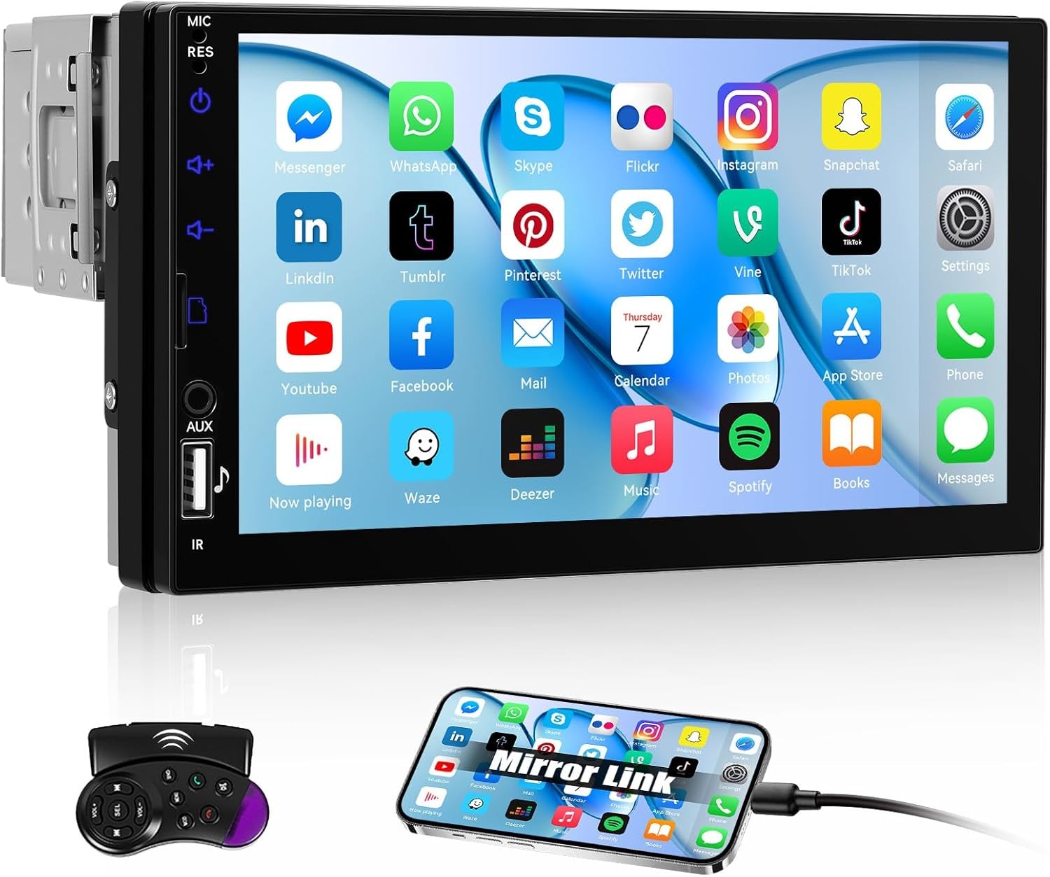7" Single DIN Car Stereo Touchscreen Bluetooth Mirror Link