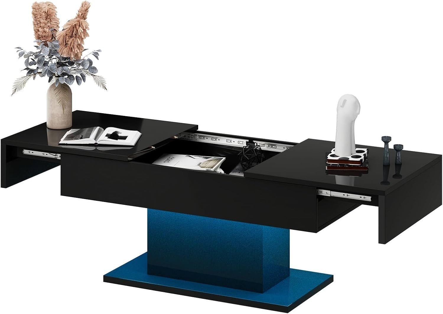 Modern Black High-Gloss Coffee Table with LED Lights & Hidden Storage Drawers