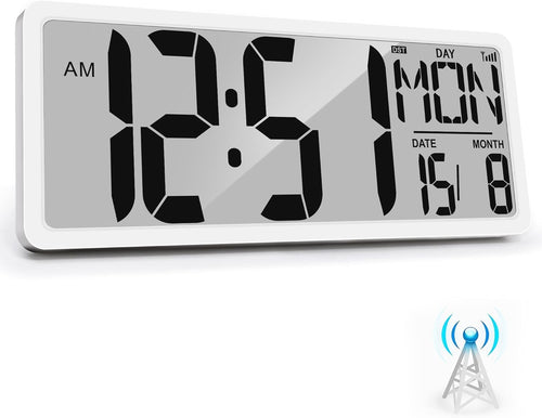 Atomic Digital Wall Clock 15'' Large Display Alarm Date Temperature Battery