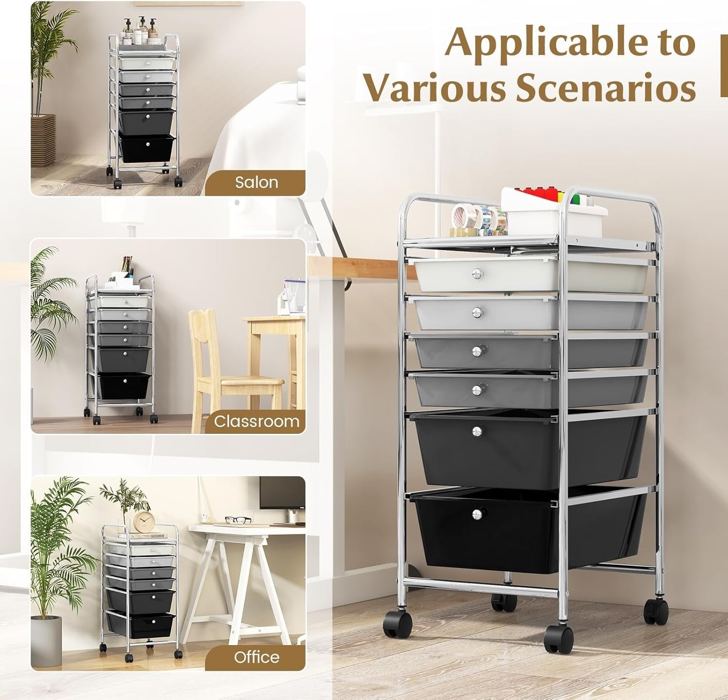 6 Drawer Gradient Black Storage Trolley Rolling Organizer with Wheels
