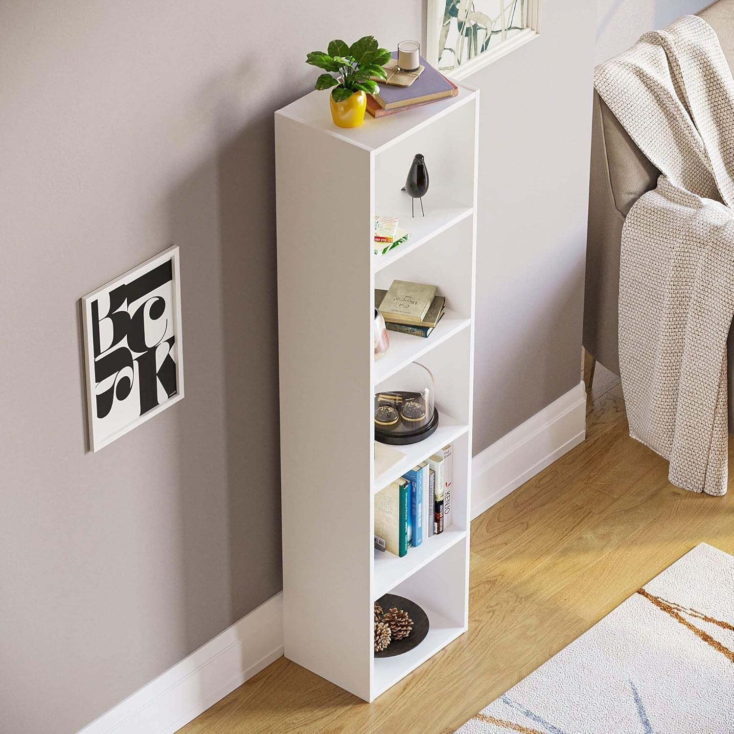 5 Tier White Wooden Cube Bookcase Small Storage Shelf for Living Room Office