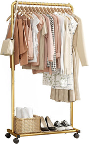 Gold Heavy Duty Clothes Rail w/ Wheels & Shelf – 72×36×149cm