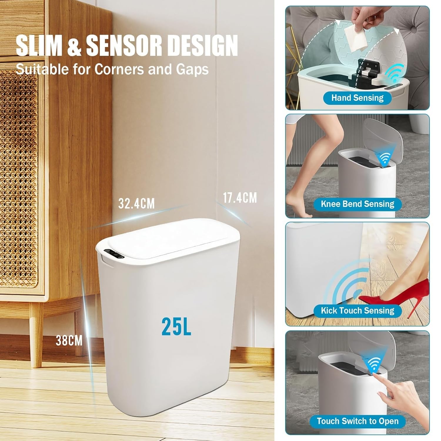 25L Sensor Kitchen Bin Automatic Touchless Motion Lid White