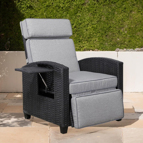 Outdoor Rattan Recliner Chair with Side Table Adjustable Headrest Patio Lounger
