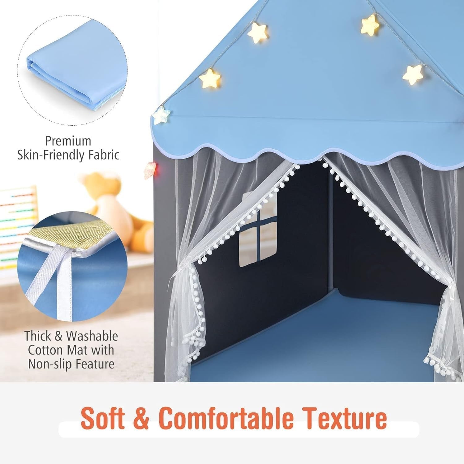 Blue Kids Castle Play Tent Indoor Outdoor w Lights Washable Mat