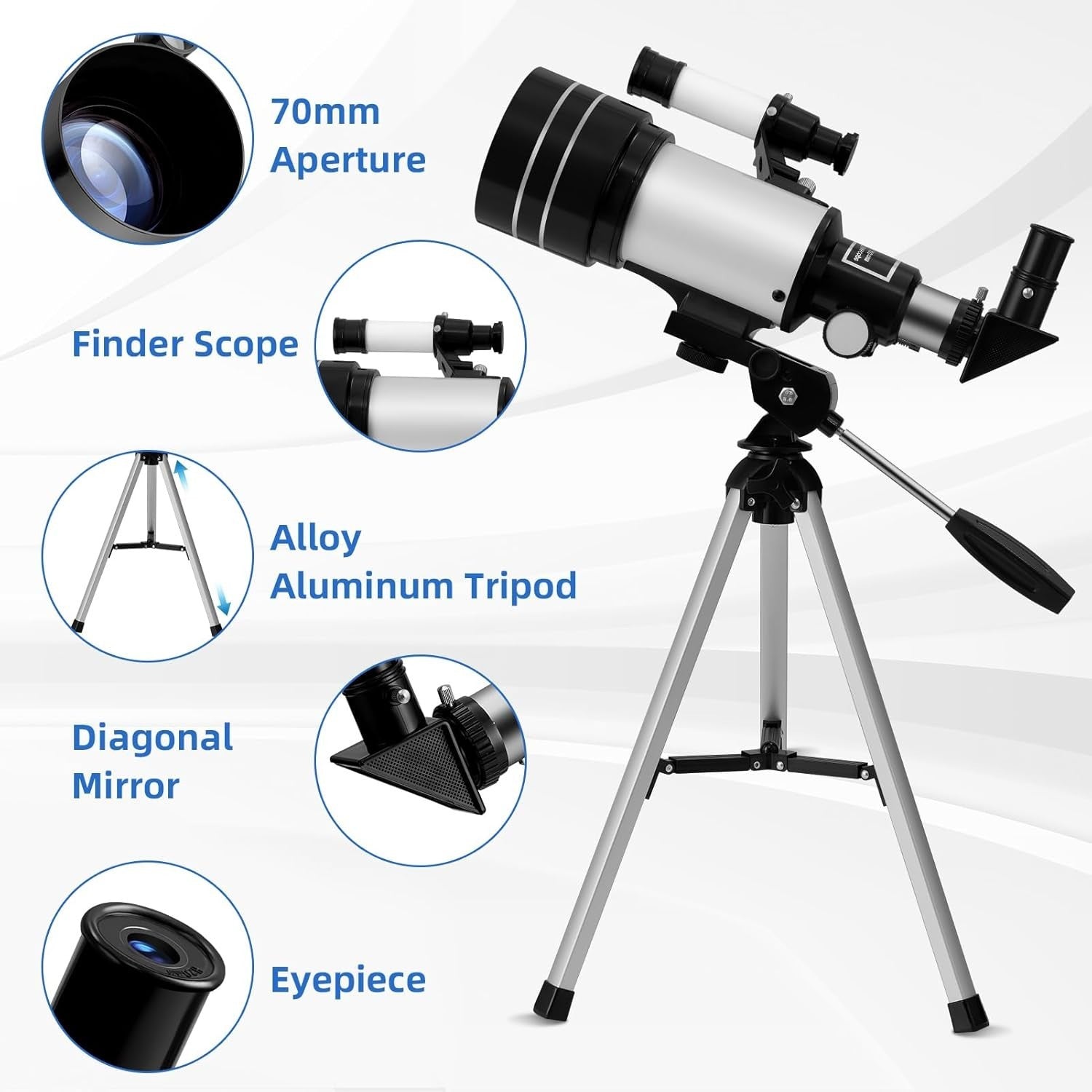 70mm Refractor Telescope for Kids and Adults, 15X to 150X with Tripod and Adapte