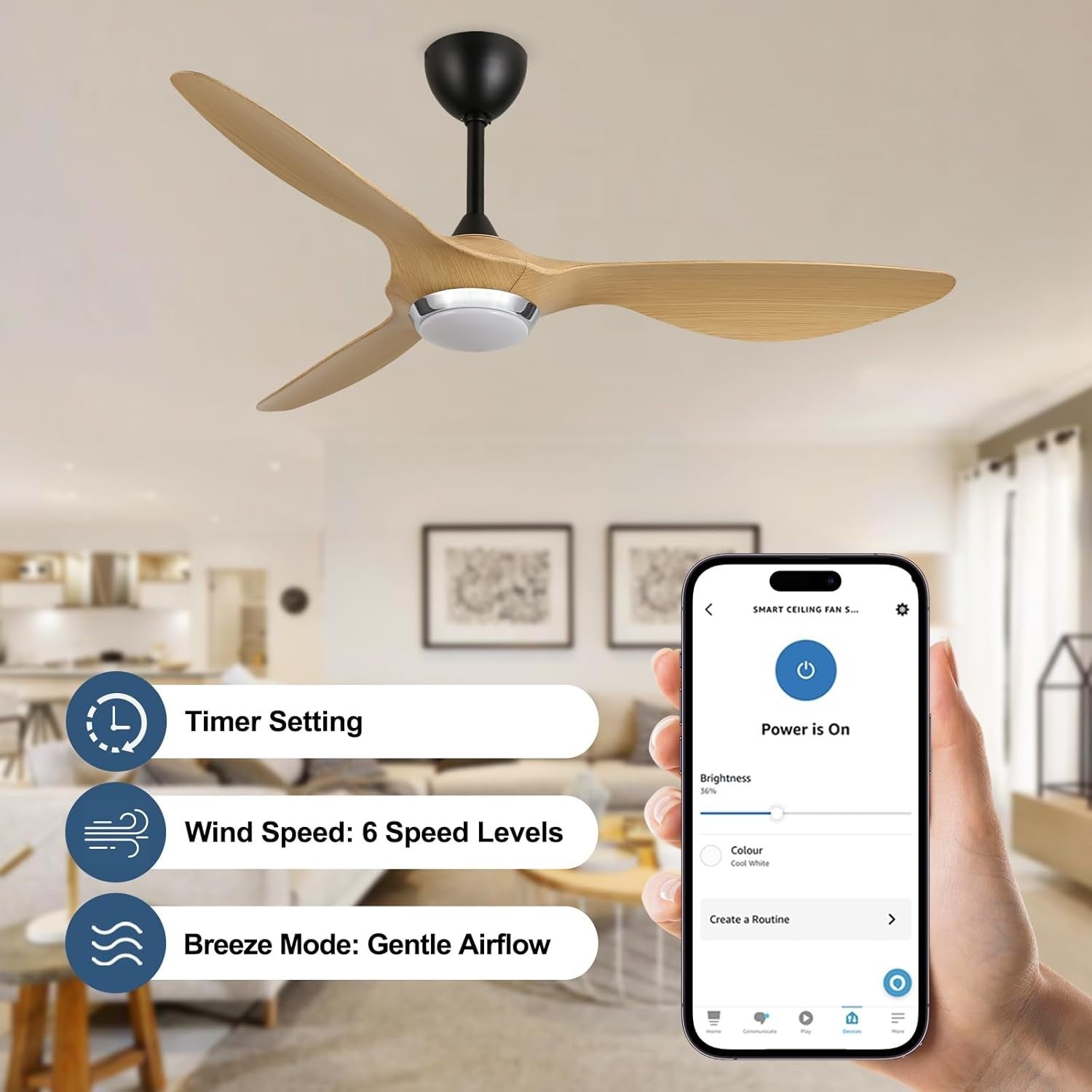 52" Ceiling Fan with Lights Natural Blades Black Motor 35W 6 Speeds