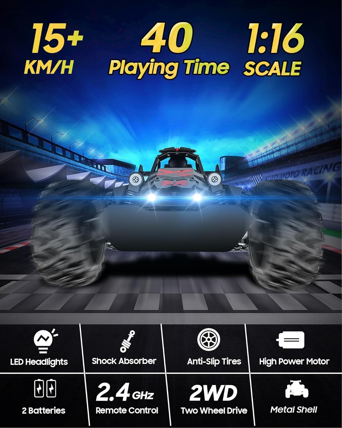 2.4GHz RC Car 1:16 High Speed 20KMH Monster Truck LED Lights Toy Gift Kids 3+