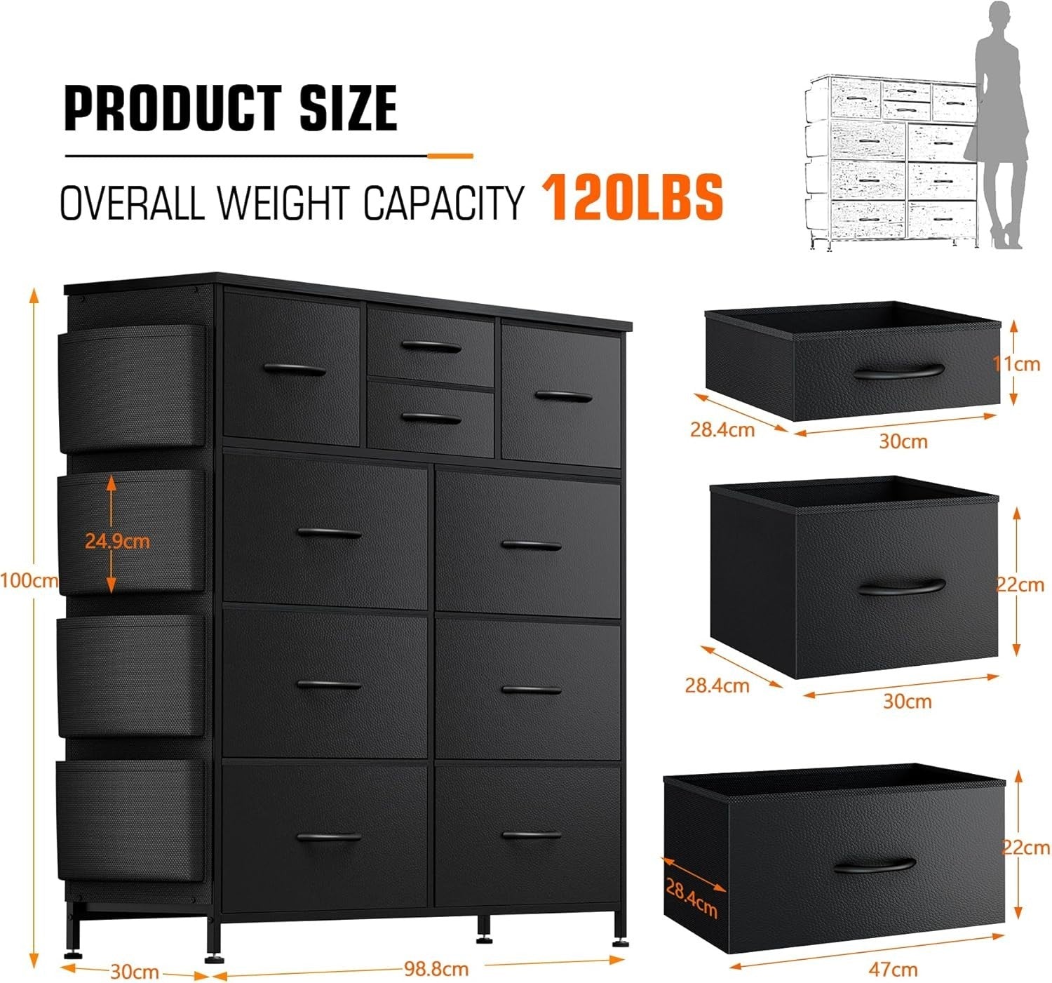 Black 10 Drawer Tall Chest with Fabric Drawers, Hooks & Side Storage Pockets