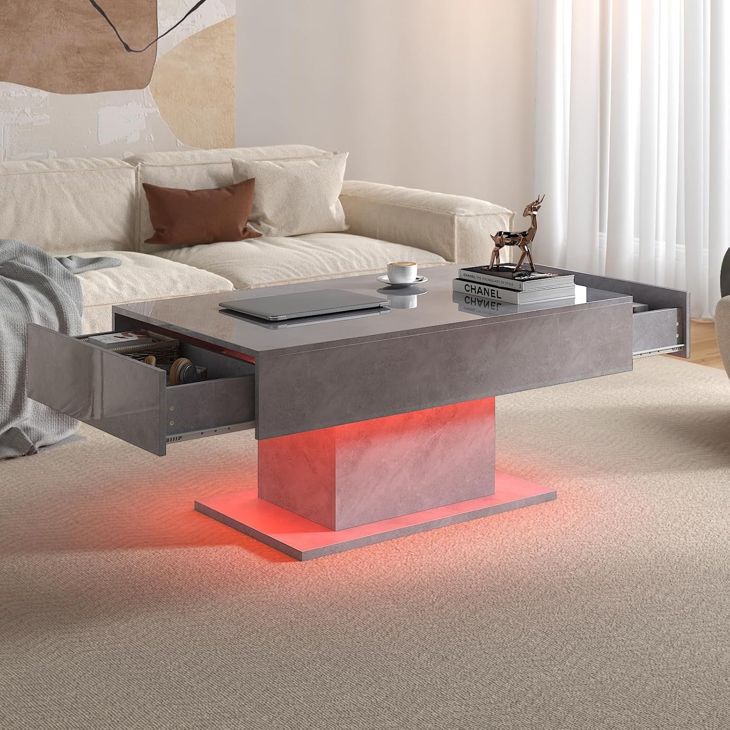Grey Marble LED Coffee Table with 2 Drawers, High Gloss 110x55cm
