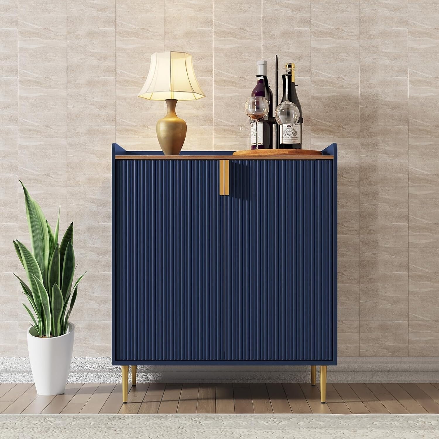 Luxury Blue Drinks Cabinet with Wine Rack & Glass Holders – Modern Bar Sideboard