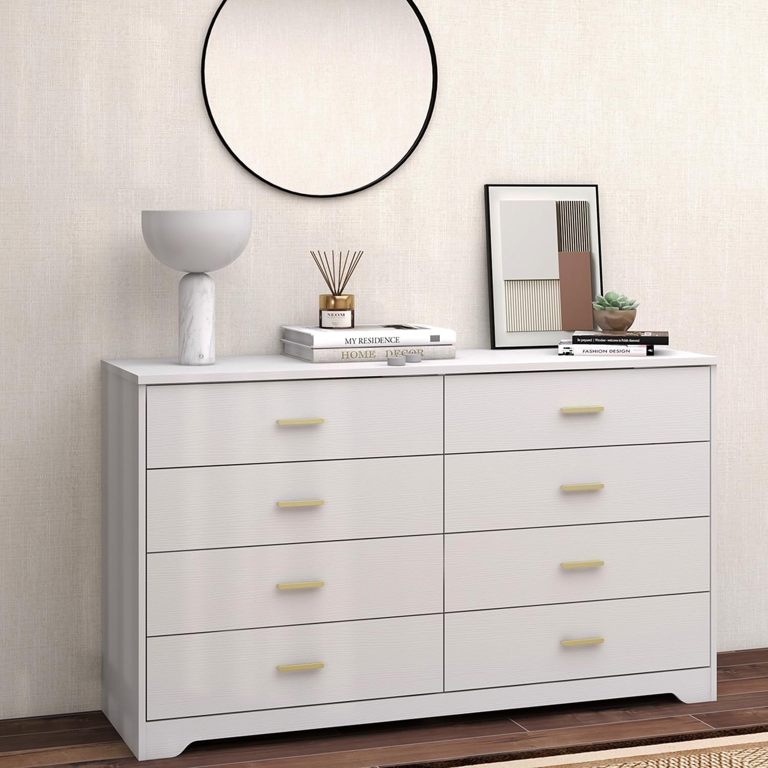 White 8 Drawer Wide Chest Storage Dresser Gold Handles Bedroom Unit