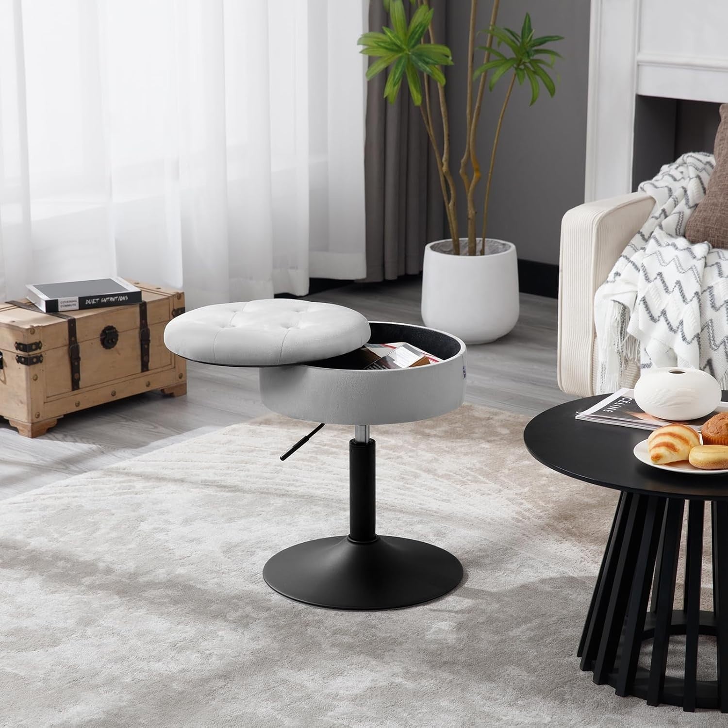 Set of 2 Light Grey Velvet Swivel Vanity Stools with Storage Adjustable