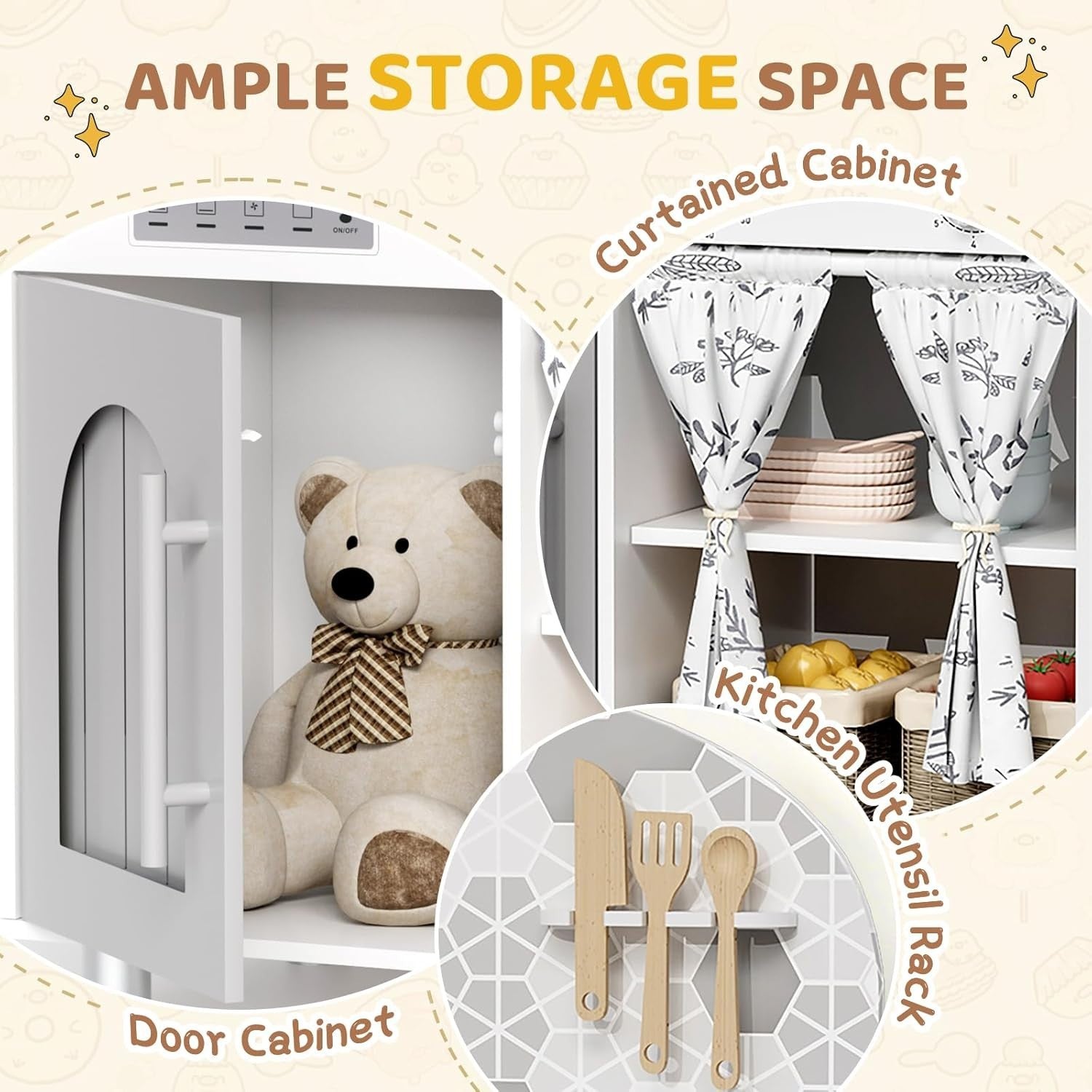 Kids Wooden Play Kitchen w/ Real Sound Stove White Toy Set