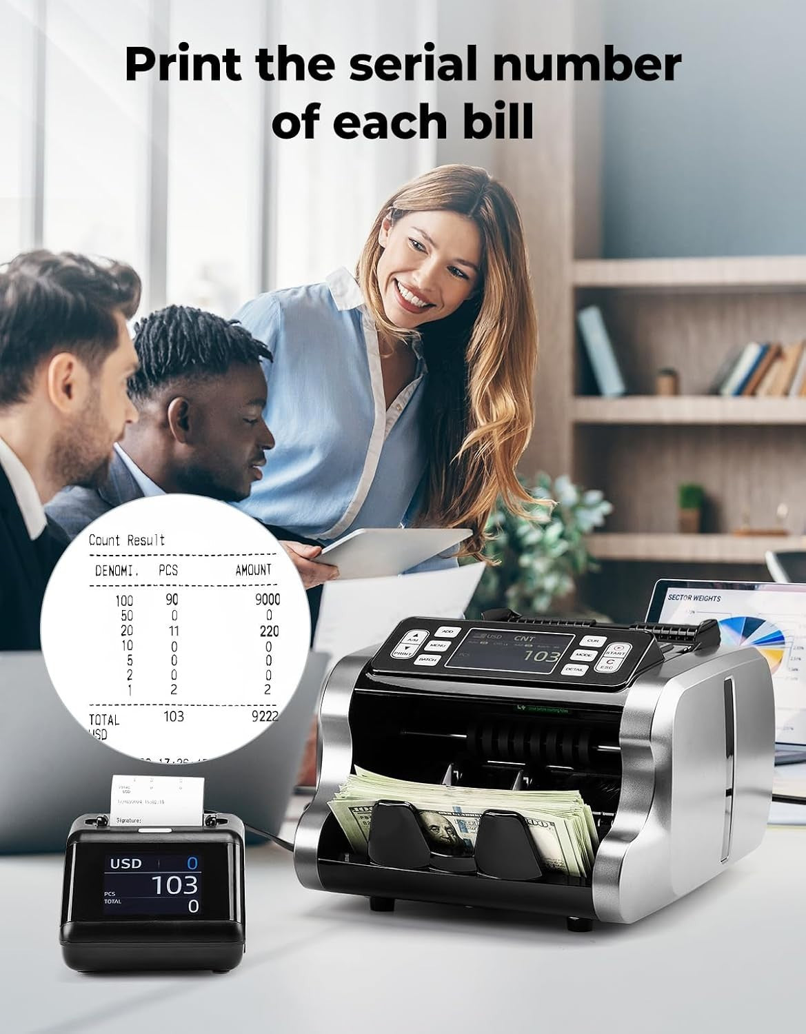 58mm Thermal Money Counter Printer Black w/ Display Screen Fast Printing