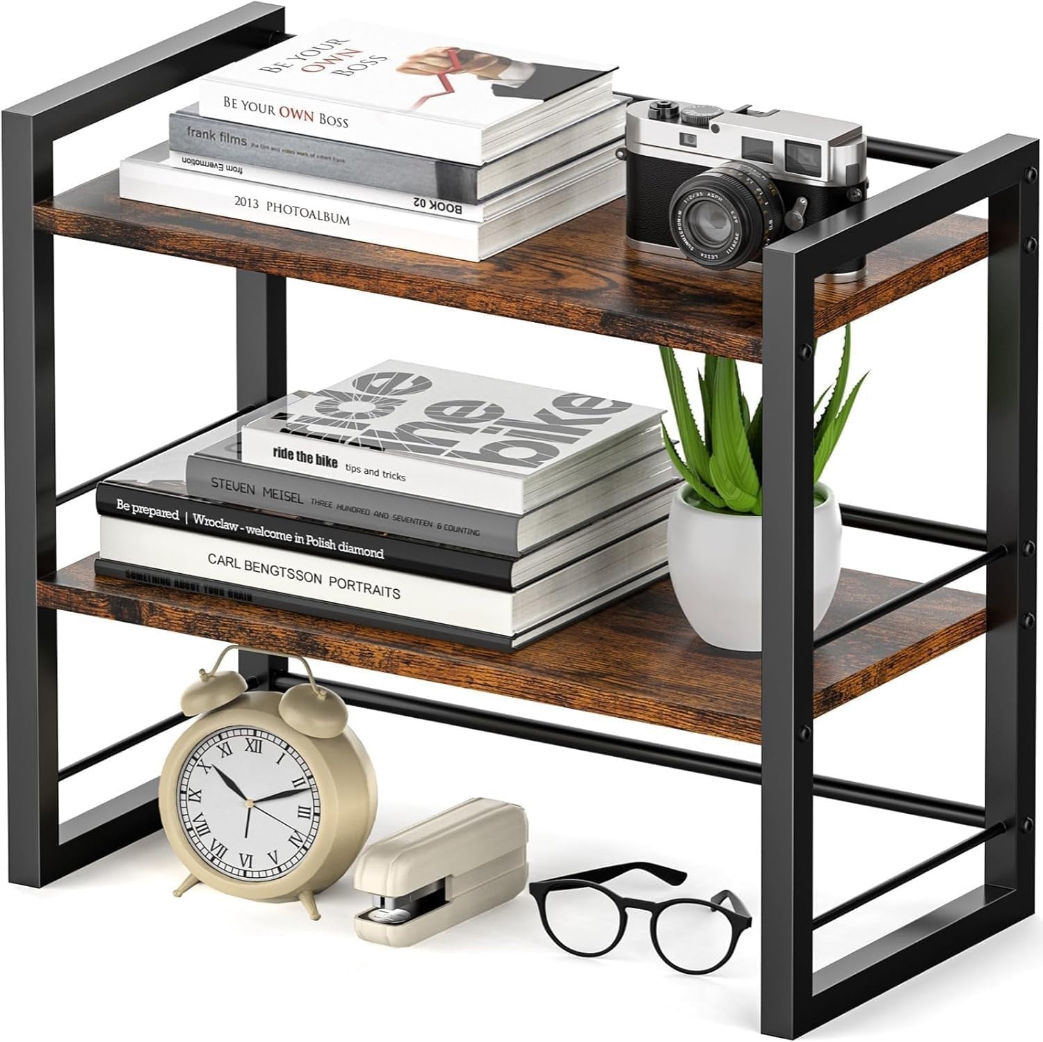 Black-Brown Wood Desk Shelf – Freestanding Desktop Organizer w/ Hollow Sides