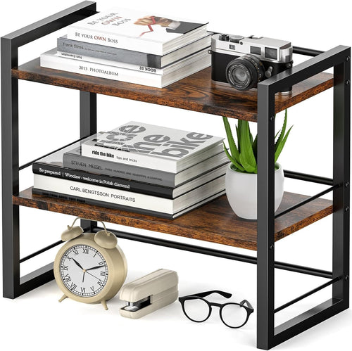 Black-Brown Wood Desk Shelf – Freestanding Desktop Organizer w/ Hollow Sides