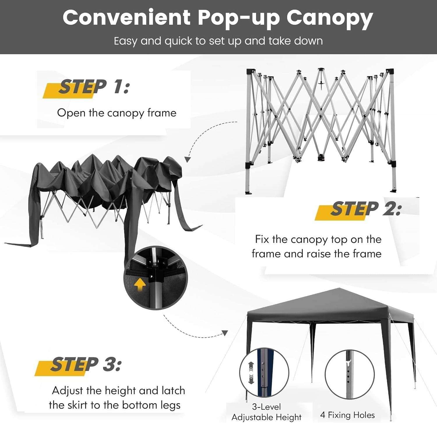 3x3m Pop Up Gazebo Adjustable Waterproof Outdoor Canopy w/ Roller Bag Grey