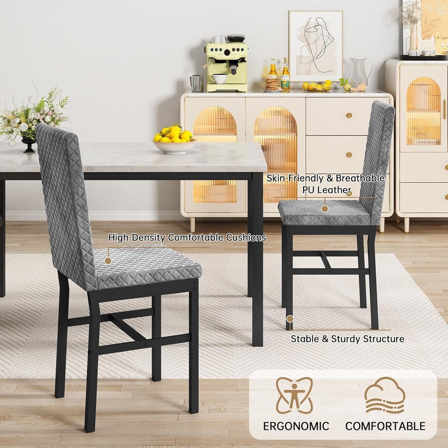 Faux Marble Dining Table & 4 Upholstered Chairs Set Space-Saving Design (Gray)