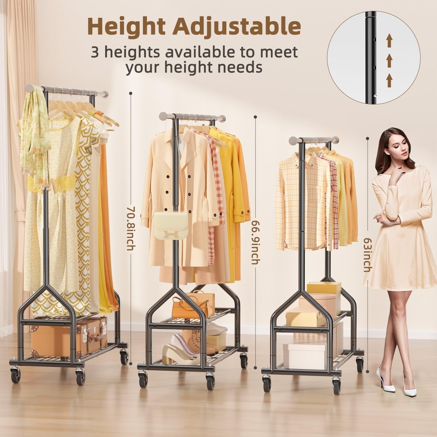 Heavy Duty 252KG Clothes Rail With Shelves & Wheels Black