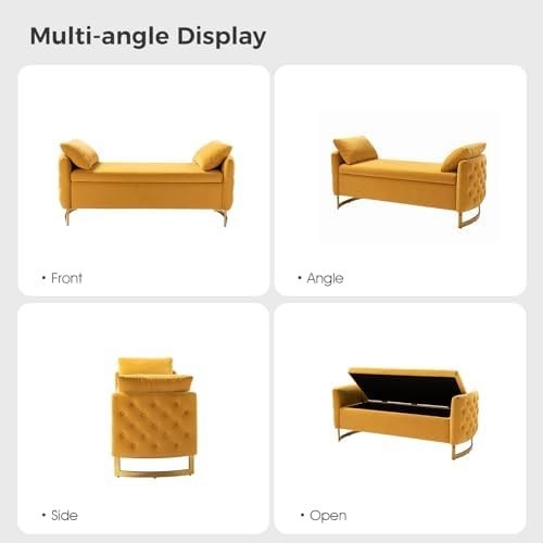 Yellow Storage Ottoman Bench with Pillows & Metal Legs - Bedroom End Seat