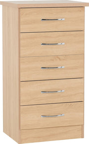 Slim Oak 5 Drawer Chest Tall Narrow Storage Unit for Bedroom Living Room