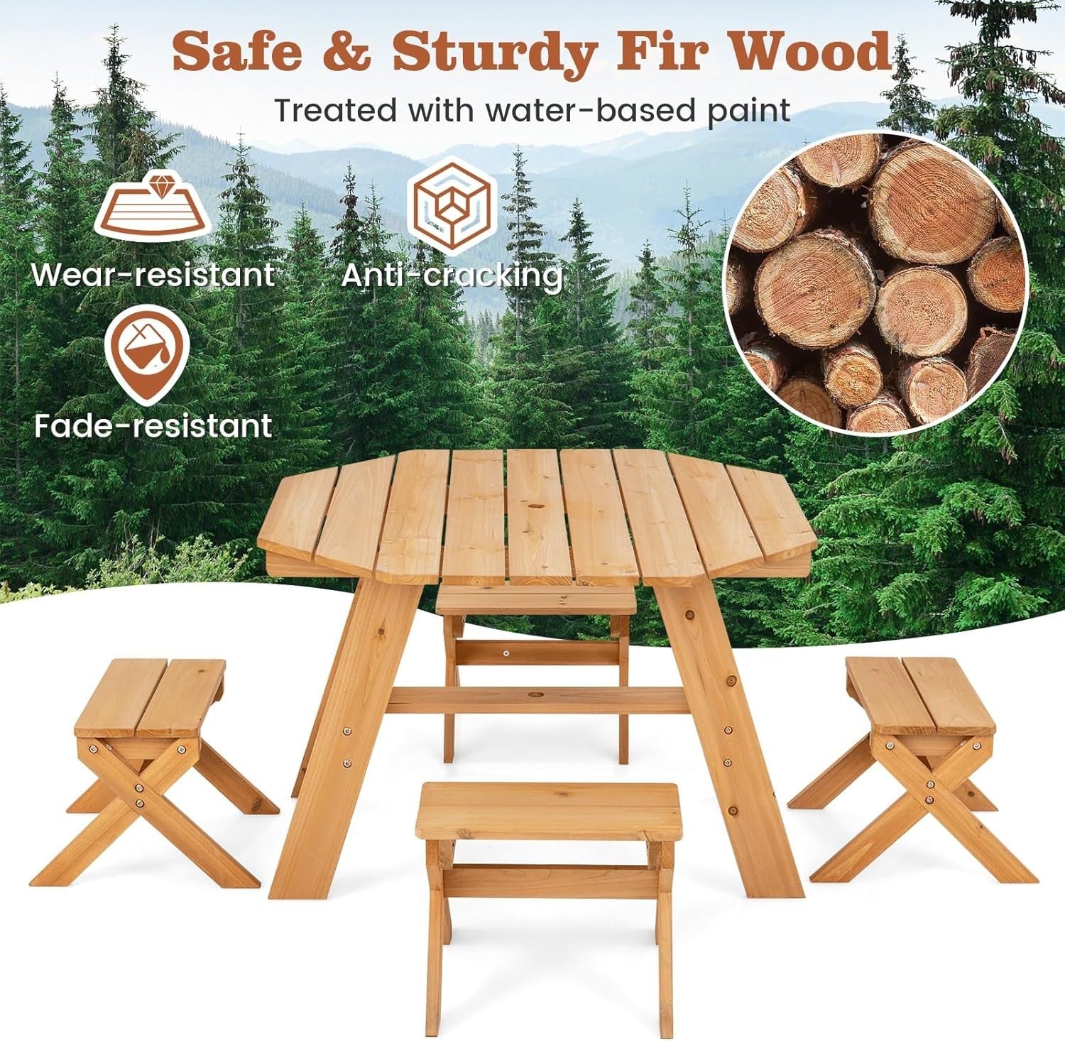 Kids Outdoor Wooden Picnic Table Set w/ Benches & Parasol | 4 Seater