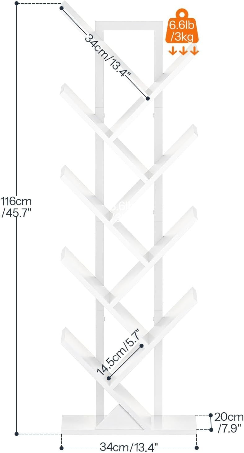 9 Tier Tree Bookshelf with LED Lights Modern Metal Frame Bookcase White