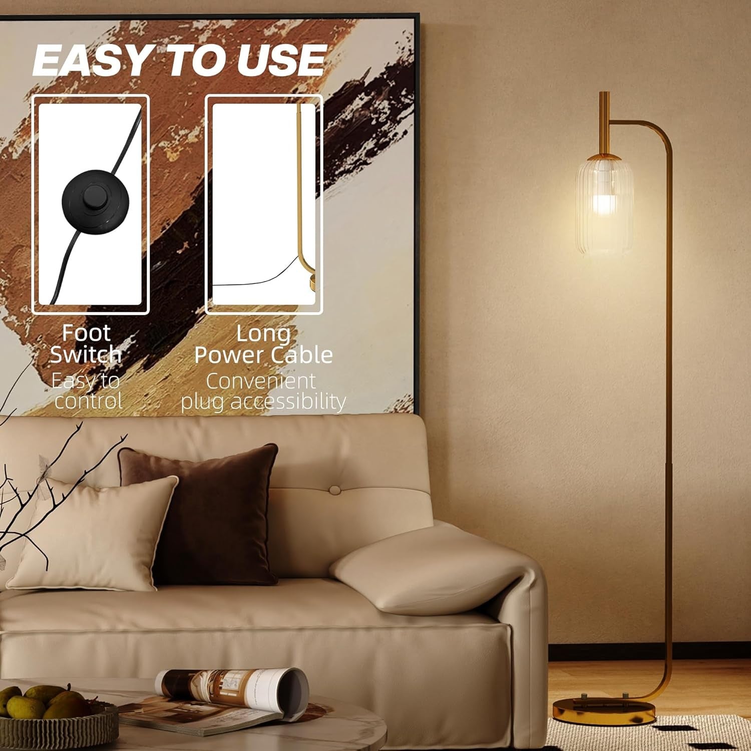 Gold Floor Lamp Glass Shade Standing Light Foot Switch Living Room Bedroom