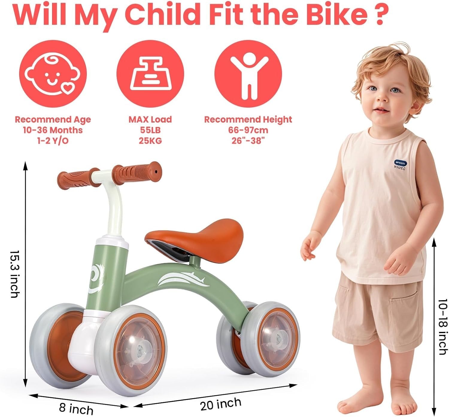 Baby Balance Bike 4 Wheel Toddler Ride On Adjustable Seat Green Bike