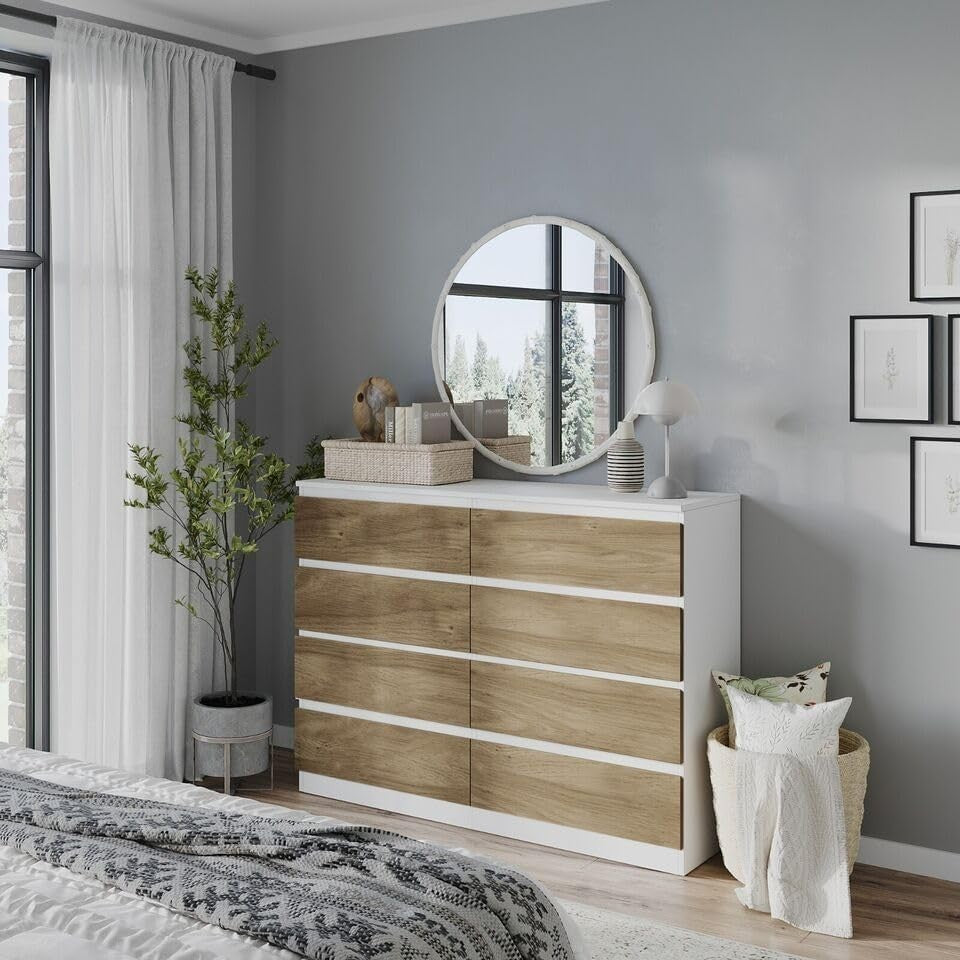 Modern White & Oak 8-Drawer Chest Bedroom Storage Cabinet Office Organizer