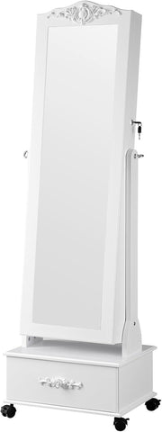 LED Rolling Jewelry Cabinet Lockable Full Length Mirror Storage White