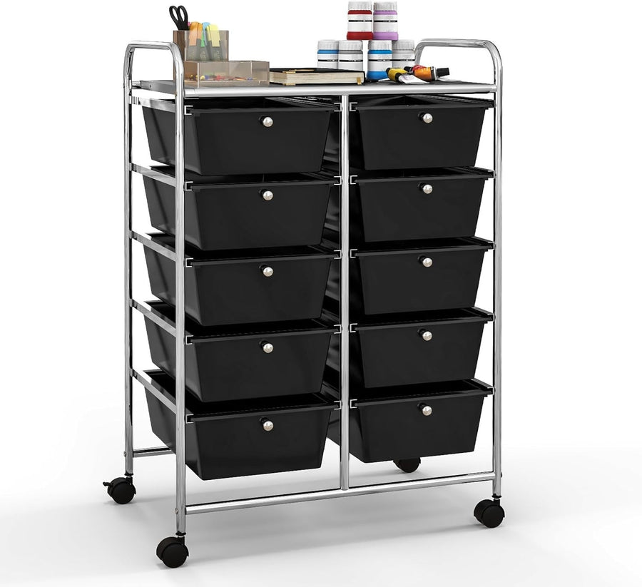 Black 10 Drawer Rolling Storage Cart Utility Trolley Office Organizer