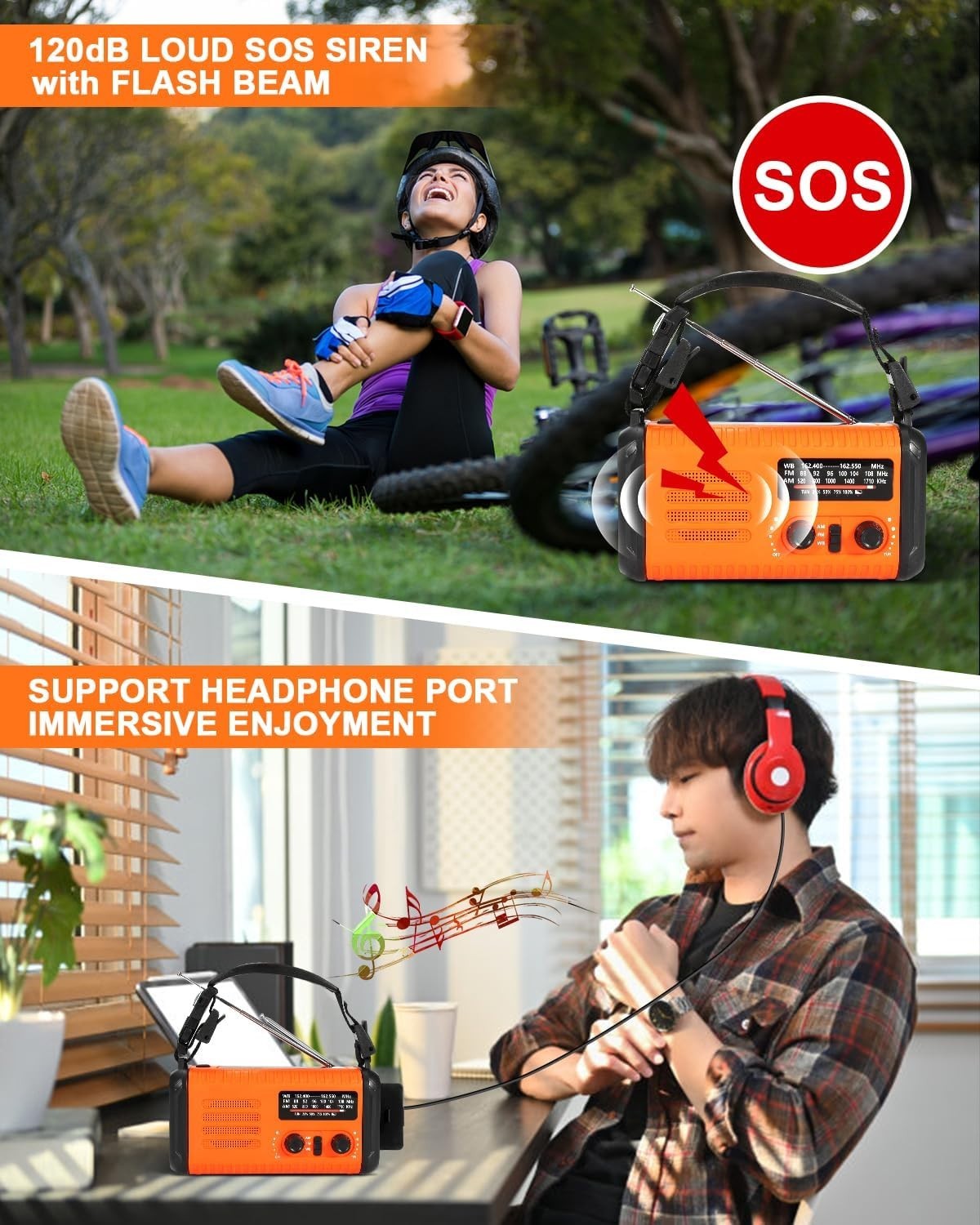 Wind Up Orange Solar Emergency Radio with 20000mAh Battery, AM/FM & Flashlight