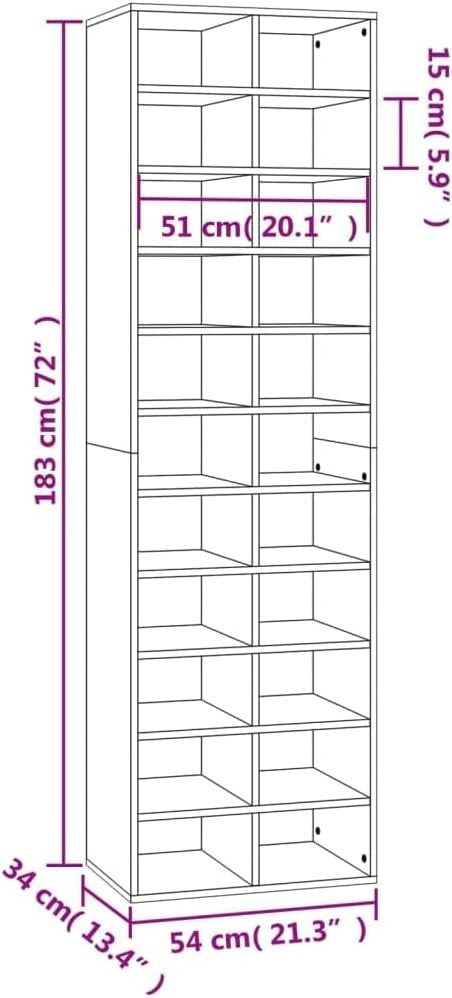 Spacious 22-Shelf Shoe Organizer Cabinet 54x34x183cm Moisture Resistant