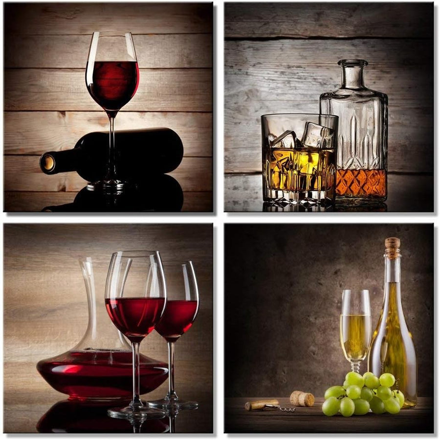 Red Wine Canvas Wall Art Set of 4 Framed 20x20in Modern Prints