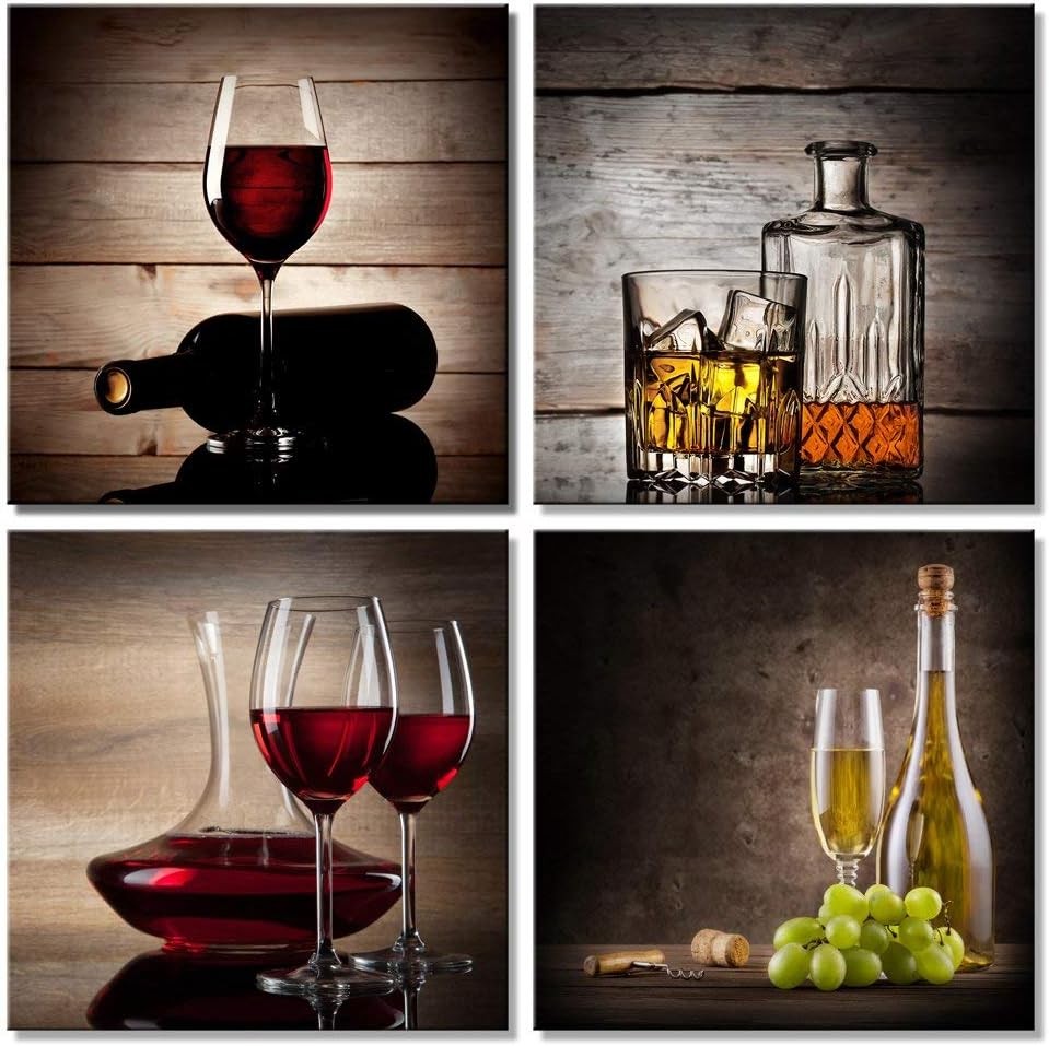 Red Wine Canvas Wall Art Set of 4 Framed 20x20in Modern Prints