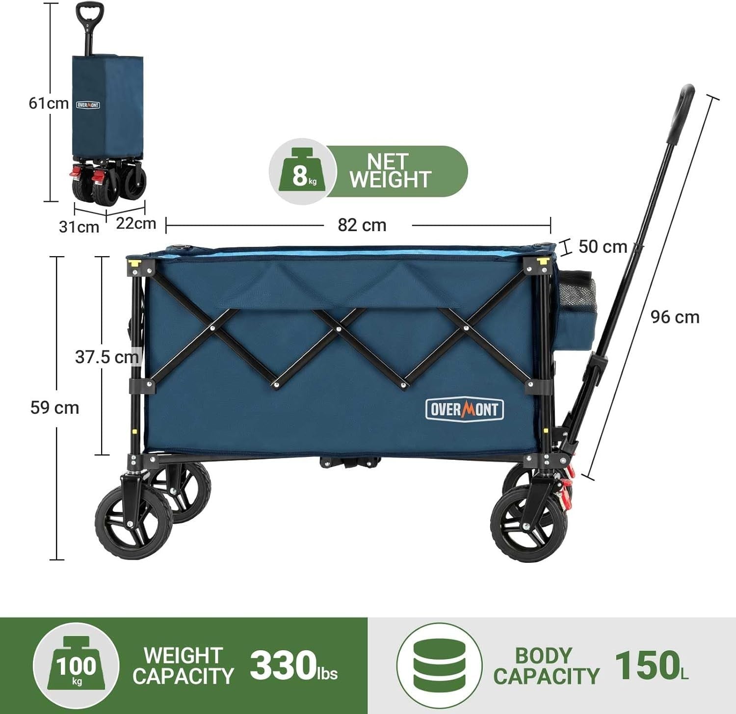 Blue Heavy Duty Folding Camping Wagon 150kg All Terrain Festival Garden Trolley