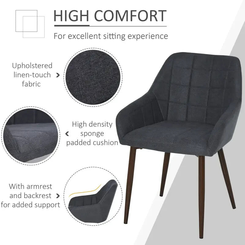 2x Grey Dining Chairs Linen-Fabric Padded Armchairs Steel Legs Modern