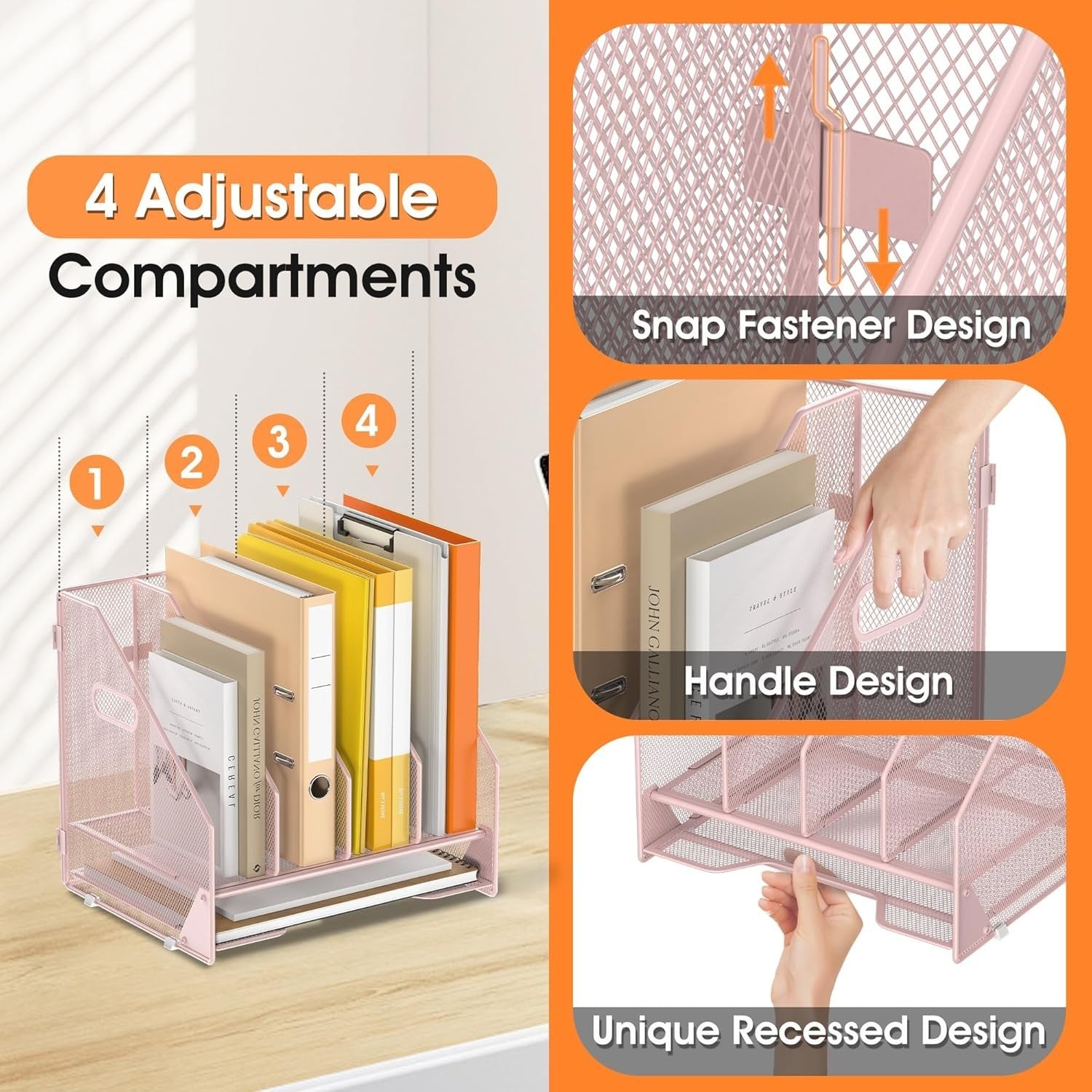 Desk File Organizer with 4 Adjustable Vertical Compartments & Letter Tray – Pink