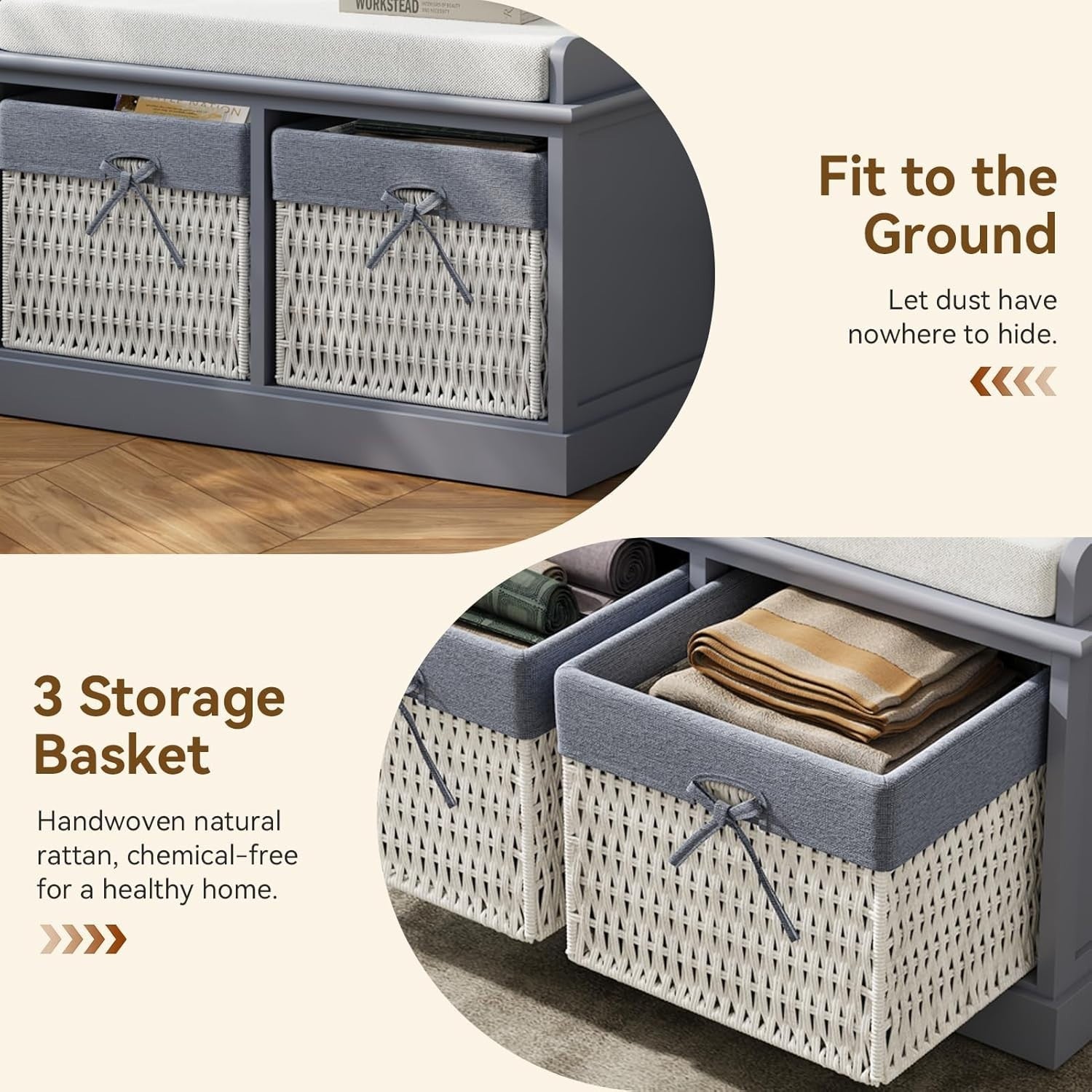 Blue Grey Shoe Storage Bench with Cushion 2 Wicker Baskets 76x30x46cm