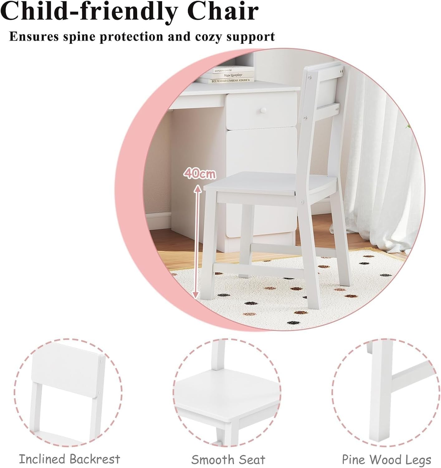 Kids Study Desk & Chair Wooden Table w/ Storage Shelf Drawer Cabinet White