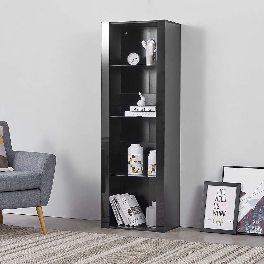 Tall LED Display Cabinet Black High Gloss Glass Shelf Modern Storage Cupboard